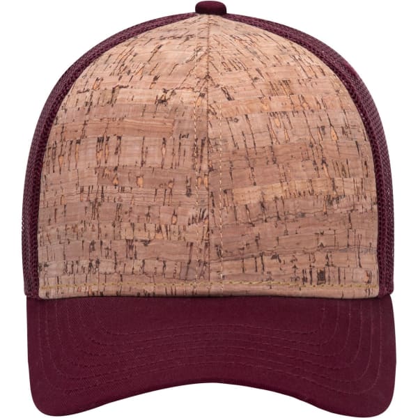 A cork-patterned cap with maroon mesh panels and a structured brim. Features a logo on the front.
