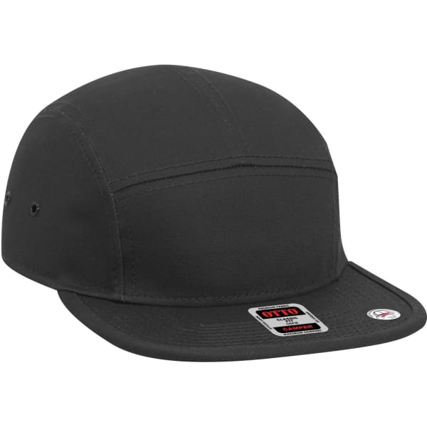 A black 5 panel camper hat with a structured crown and a flat peak, featuring a logo on the side.