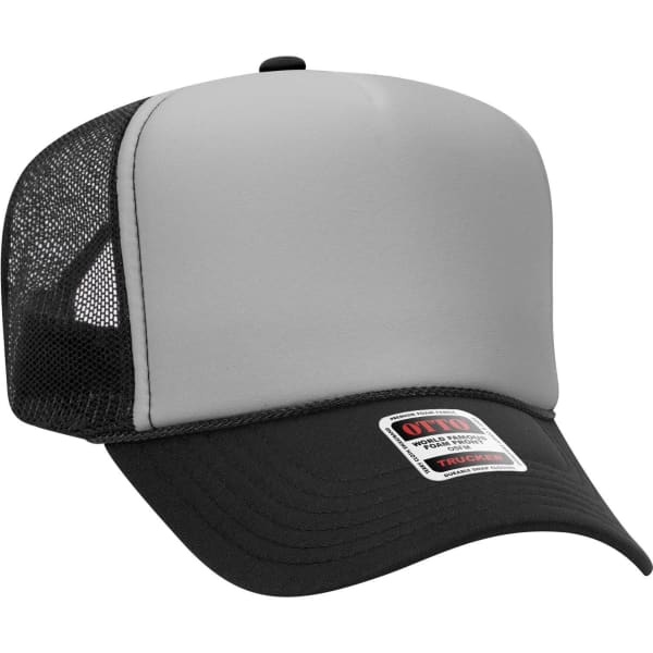 A grey and black 5 Panel High Crown Trucker Cap featuring a mesh back and a logo.