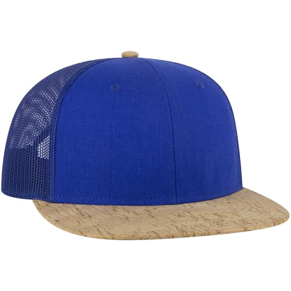 A blue trucker cap featuring a cork brim and mesh sides, complete with a logo on the front.