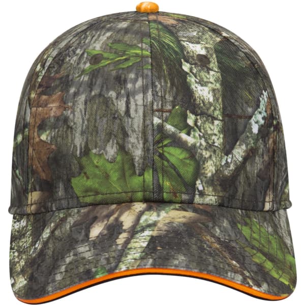 A camo baseball cap featuring a blend of green and brown patterns, with an orange accent on the brim.