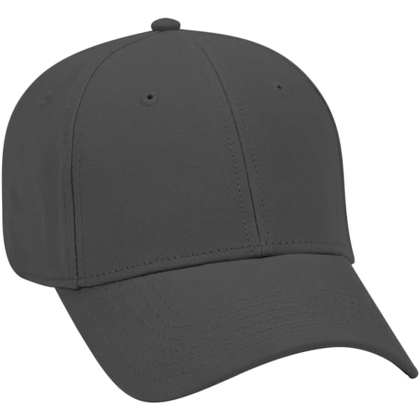 A grey six-panel low profile baseball cap with a curved peak and a logo on the front.