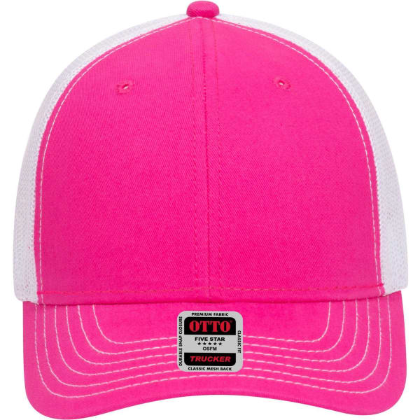 A bright pink 6-panel low profile trucker cap with a white mesh back and a logo tag on the brim.