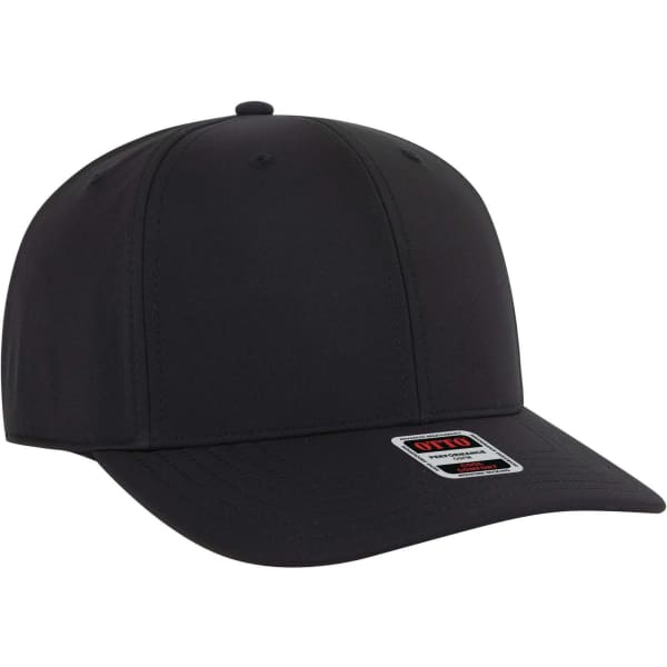 A black 6-panel mid profile baseball cap featuring a curved brim and a logo tag.