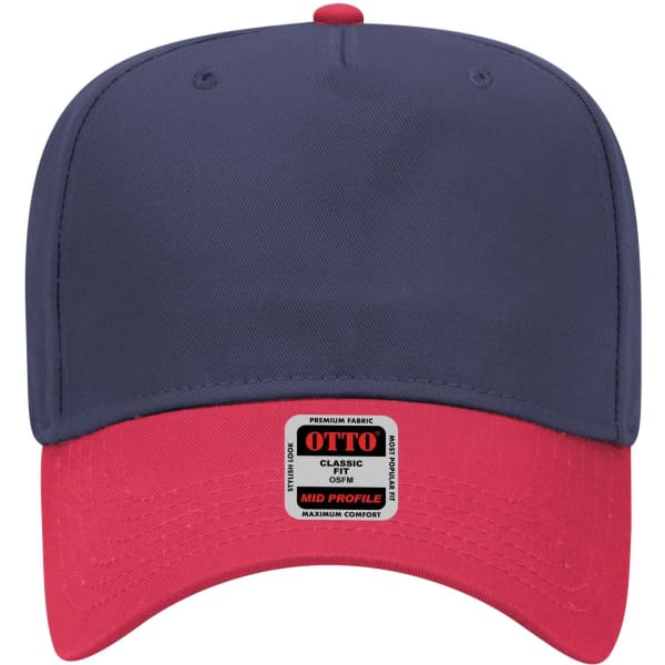 A five-panel mid crown baseball cap in navy blue and red, featuring a label on the brim.