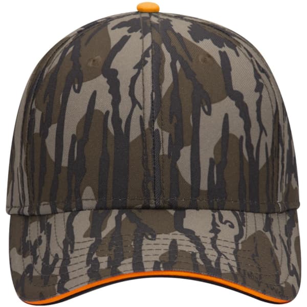A camo-patterned low profile baseball cap in shades of green and brown, featuring an orange accent. It has a logo on the front.