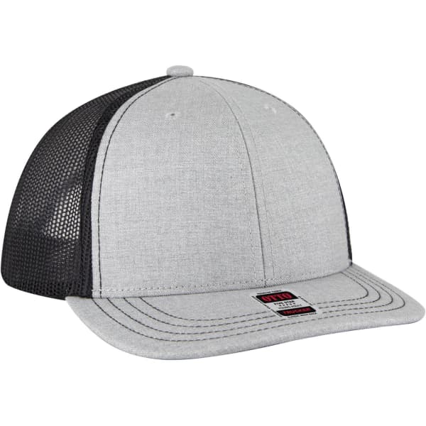 A 6-panel mid-profile trucker cap featuring a grey front and black mesh back, with a branded tag.
