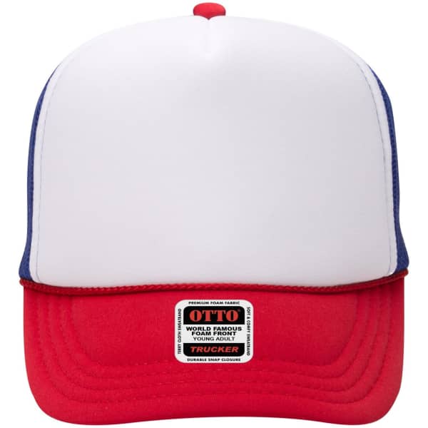 A 5 panel high crown trucker cap in red, white, and blue, featuring a logo on the front.