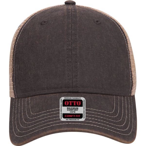 A low-profile, six-panel baseball cap in brown with a beige mesh back and a branding label.