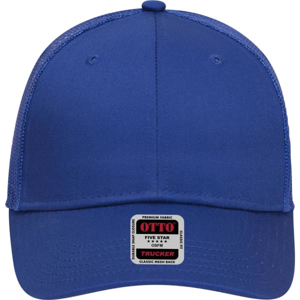 A blue 6 panel low profile trucker cap with a mesh back and a logo label on the front.