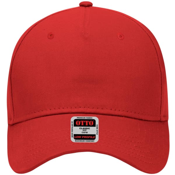 A red 5 panel low profile baseball cap with a branding label on the front.