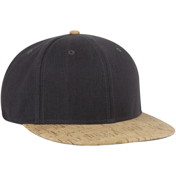 A snapback cap featuring a black fabric body and a cork-patterned brim. It includes a logo on the front.