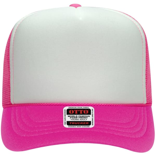 A pink and white 5 Panel High Crown Trucker Cap with a labelled tag, featuring a solid front and mesh sides.