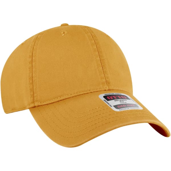 A mustard yellow 6 panel low profile dad cap with a logo on the front. Designed as casual headwear.