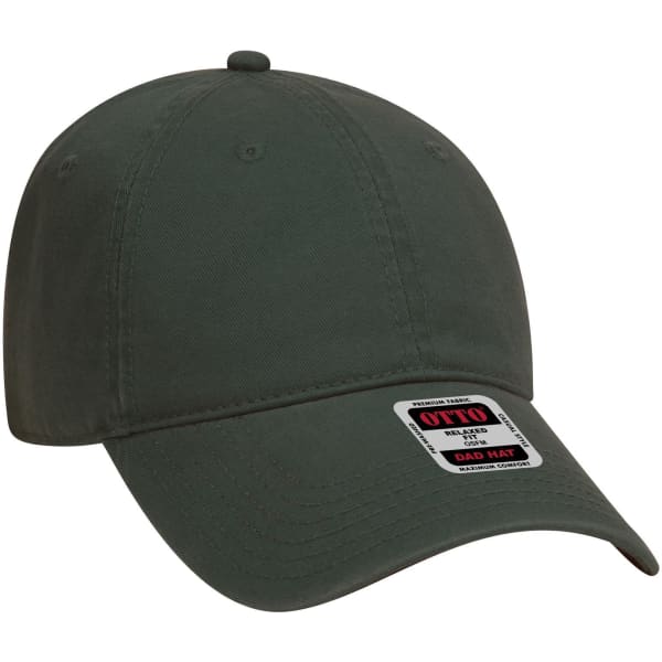 A dark green 6 panel low profile dad cap featuring a logo on the front and a curved brim.
