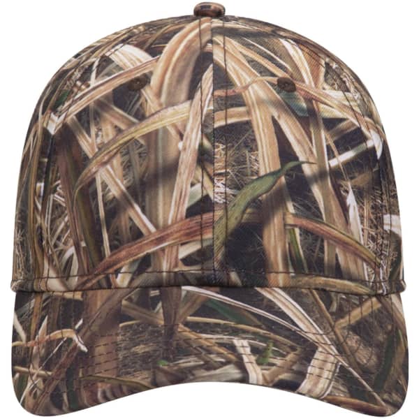 A camouflage 6-panel low profile baseball cap featuring a blend of earthy tones and a logo on the front.