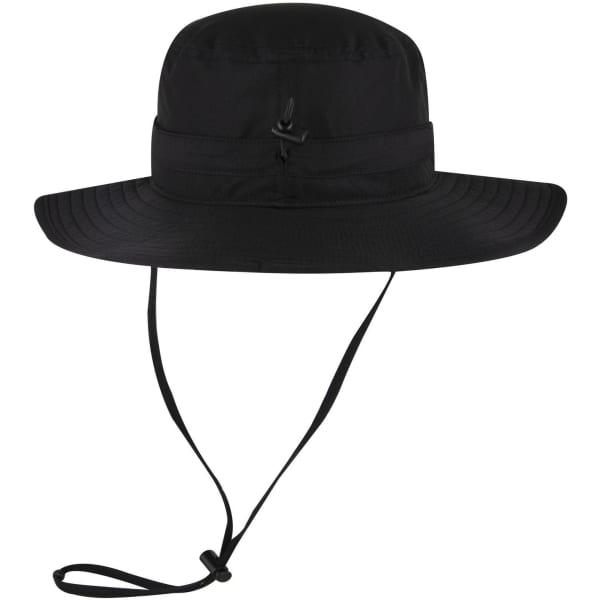 A black polyester pongee boonie hat with a wide brim and an adjustable chin strap. It features a logo.