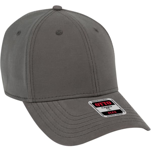 A grey 6 panel low profile baseball cap with a flexible fit and a logo.