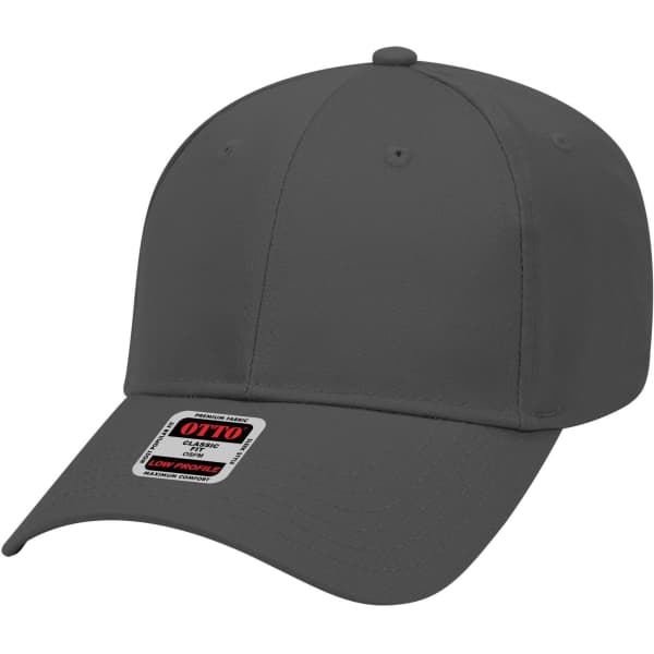 A grey 6-panel low-profile baseball cap with a branding label. Simple and modern design.