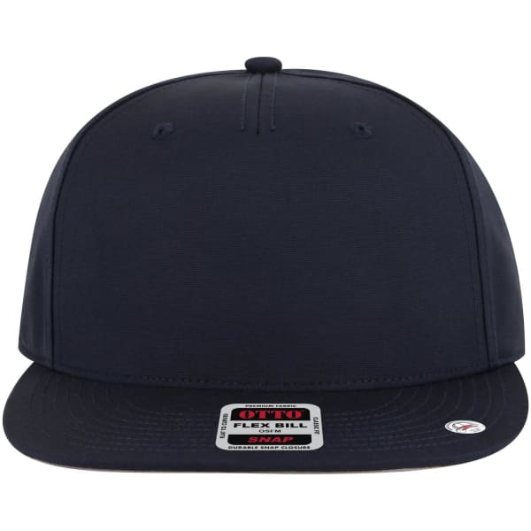 A navy blue 5-panel snapback cap with a flat brim and an adjustable snap closure at the back.