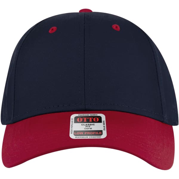 A navy and red 6-panel low profile baseball cap with a logo on the front.