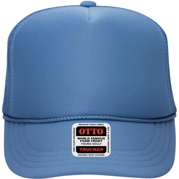 A blue 5 panel high crown trucker cap with a branded label on the front and a snap closure at the back.
