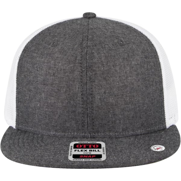 A grey and white 6-panel mid-profile trucker cap with a flex bill and branding on the front.