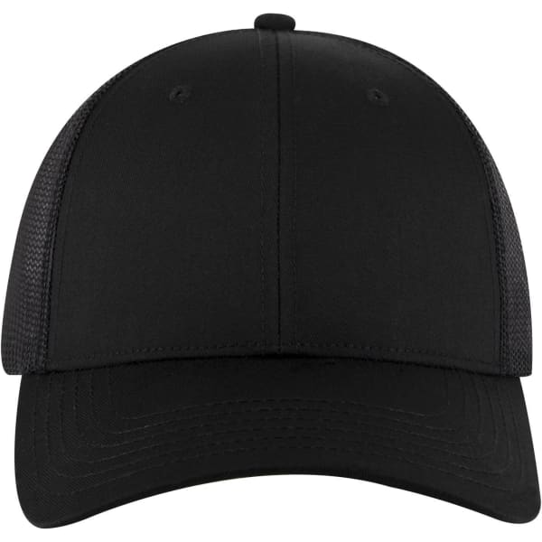A black 6 panel low profile trucker cap with a smooth front and mesh sides, featuring a logo.