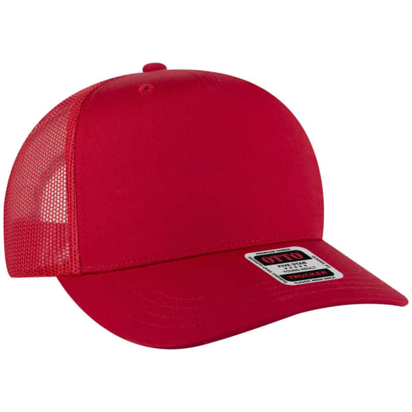 A red 5 Panel Mid Profile Trucker Cap with a plastic mesh back and a branded label on the front.