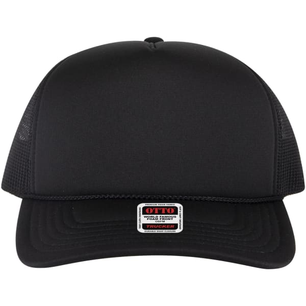 A black 5 panel high crown trucker cap with mesh sides and a logo on the front.
