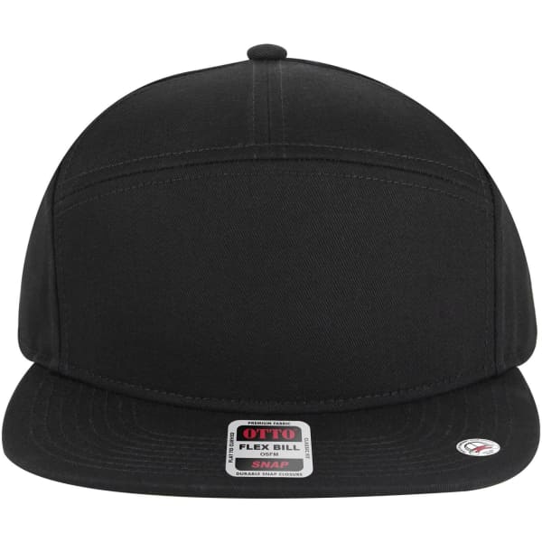 A black 7 panel mid-profile snapback cap featuring a flat brim and a logo on the front.