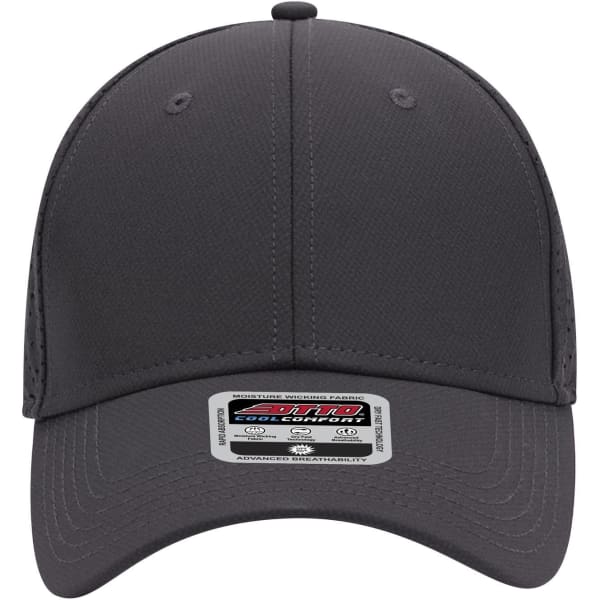 A grey 6 panel low profile baseball cap with a logo and an adjustable strap at the back.