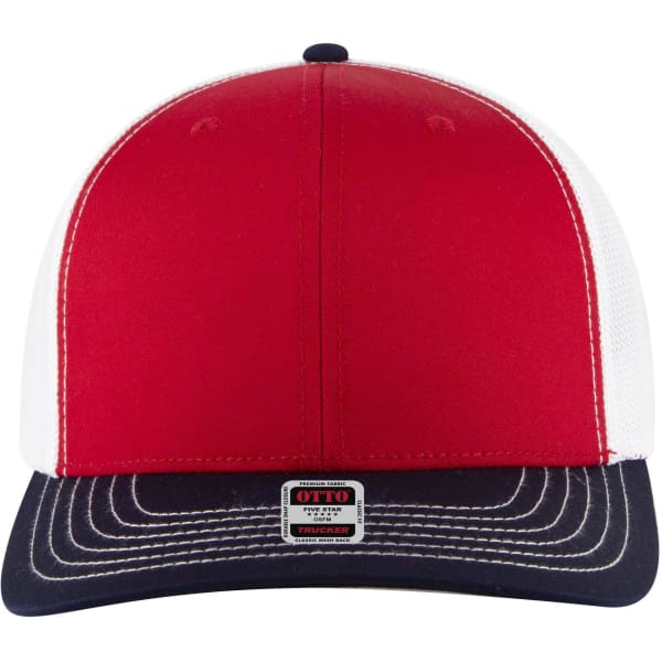 A red and white 6 panel mid-profile trucker cap with a navy peak and a logo on the front.