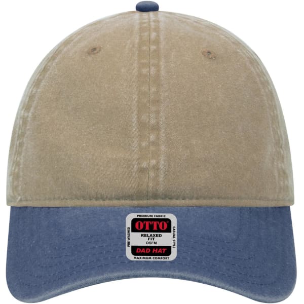 A low-profile dad cap featuring a beige upper with a blue peak and a logo on the front label.