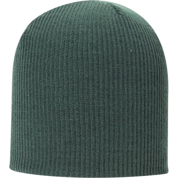 A premium rib knit beanie in a deep green colour, featuring a logo.