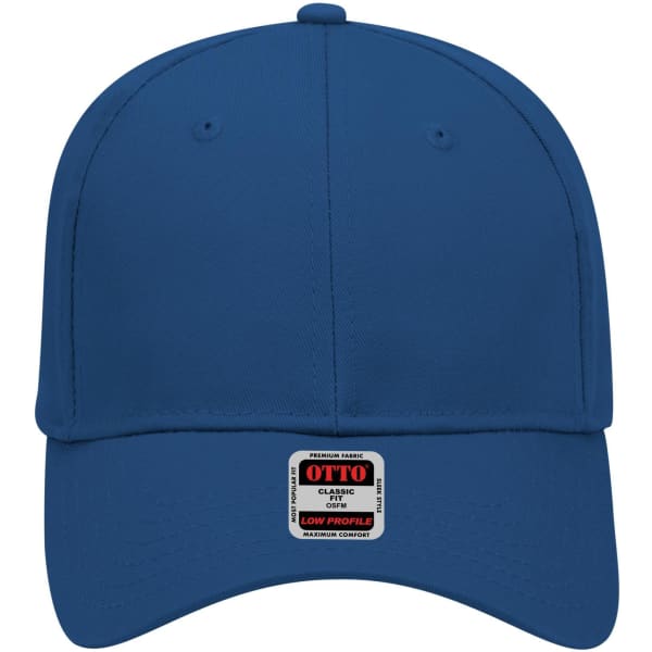 A blue six-panel low profile baseball cap with a branded label on the front.