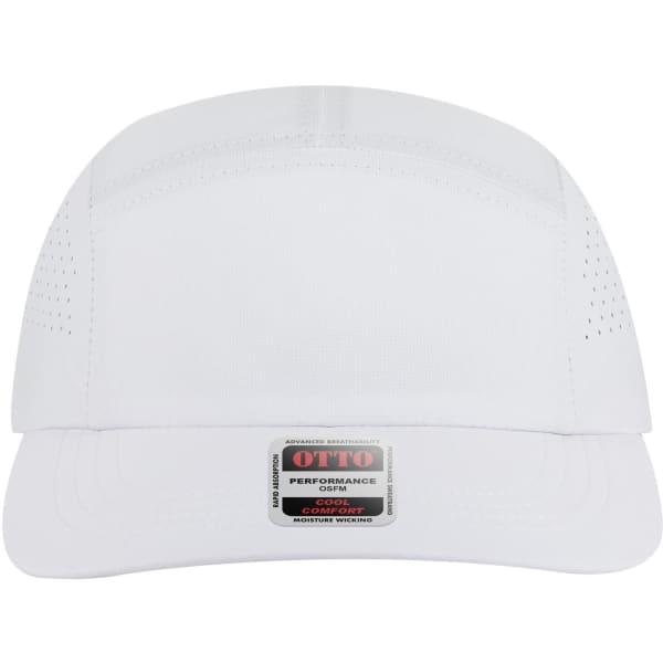 A white 5-panel running hat featuring ventilation holes and a logo on the front.