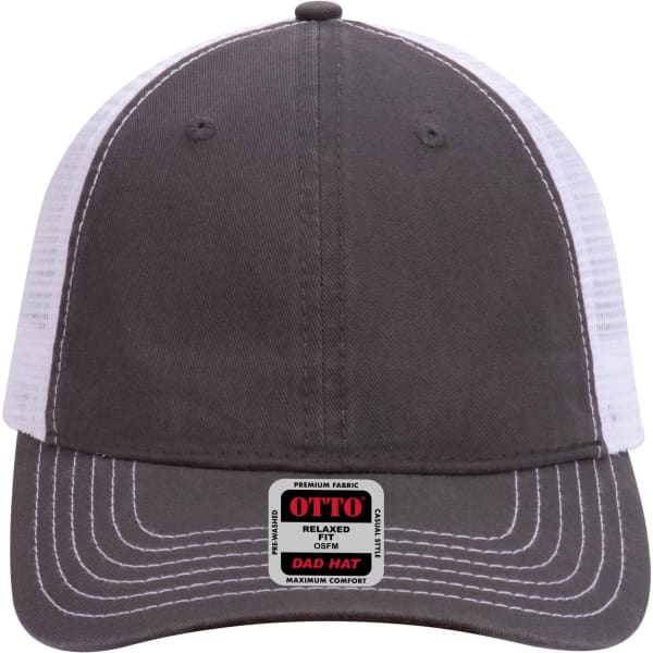 A grey and white 6 panel low profile trucker cap with a logo on the front.
