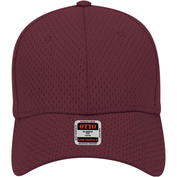 A maroon 6-panel low profile baseball cap with a textured design and an attached logo label.