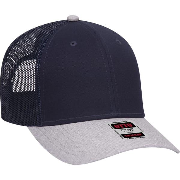 A navy blue and grey 6 panel low profile trucker cap with a mesh back and a logo on the front.