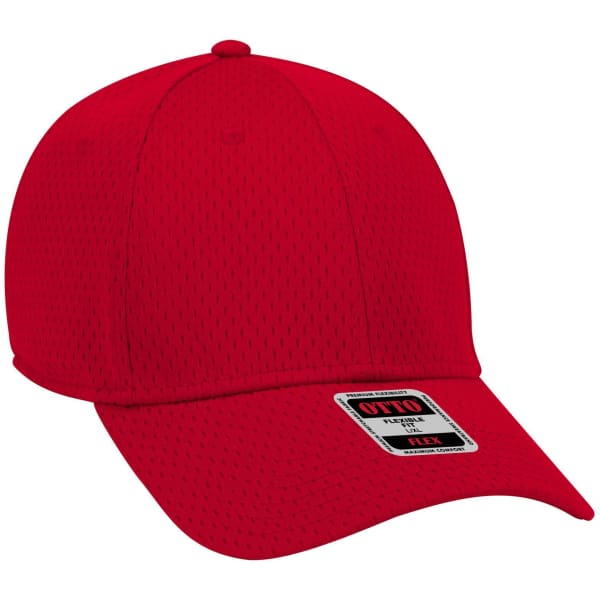A red 6-panel low profile baseball cap with a mesh design and a logo on the front.