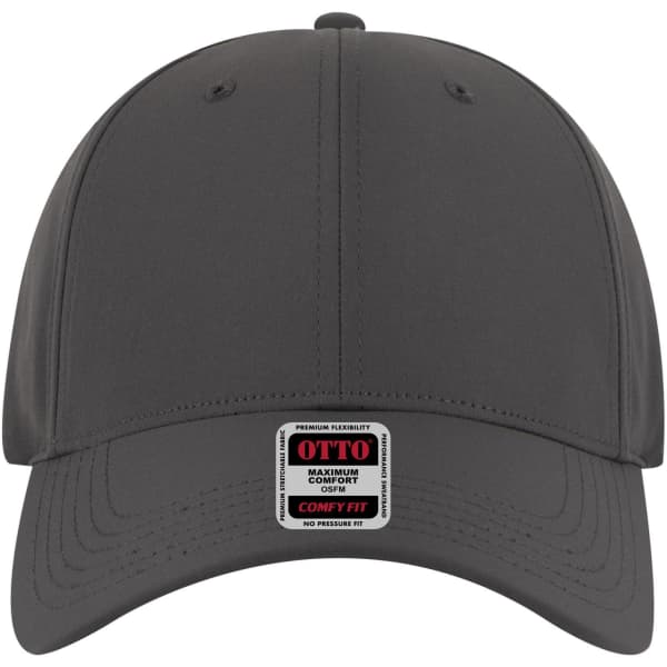 A grey six-panel low profile baseball cap with a logo on the front.