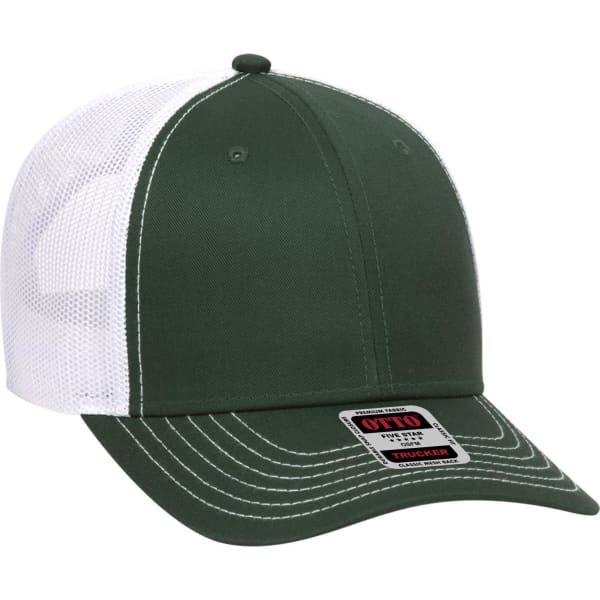 A dark green low profile trucker cap with a mesh white back and contrasting white stitching, featuring a logo.
