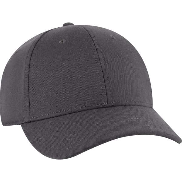 A grey low profile baseball cap featuring a rounded crown and a curved brim, with a logo on the front.