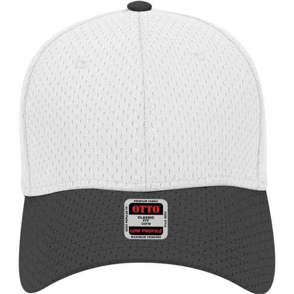 A low profile baseball cap featuring a white mesh top and a black peak, with a logo on the front.