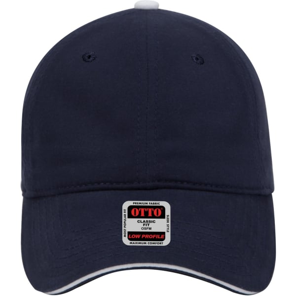 A navy blue 6 Panel Low Profile Dad Cap featuring a logo and white detailing around the brim.