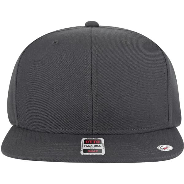 A grey mid-profile snapback cap featuring a flat brim and an adjustable snap closure. It has a logo on the front.