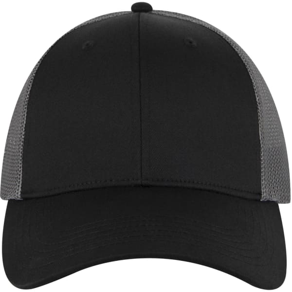A black low profile trucker cap with grey mesh sides and a logo on the front.
