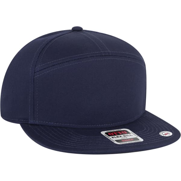 A navy blue 7 Panel Mid Profile Snapback Cap with a flat brim and a logo on the front.