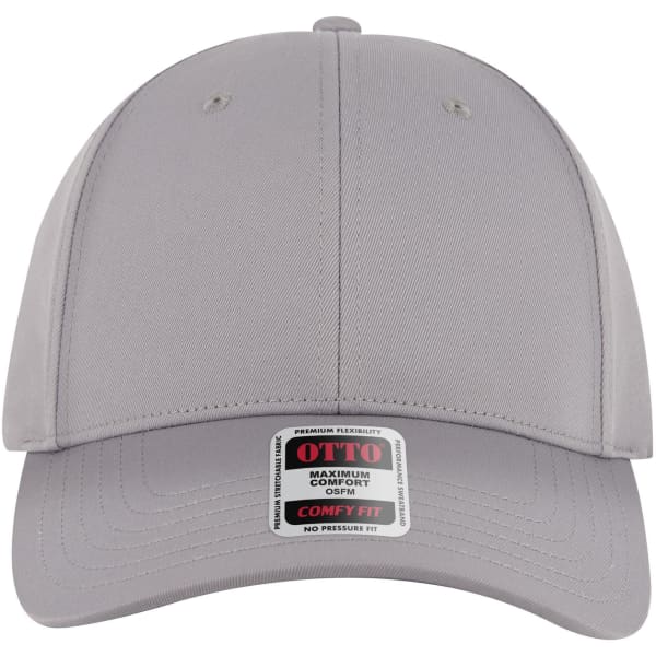 A grey low profile baseball cap with six panels and a branded tag at the front.
